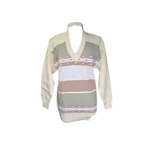 Vintage V Neck Abstract Coastal Pullover Knit Cream Sweater. Size Medium